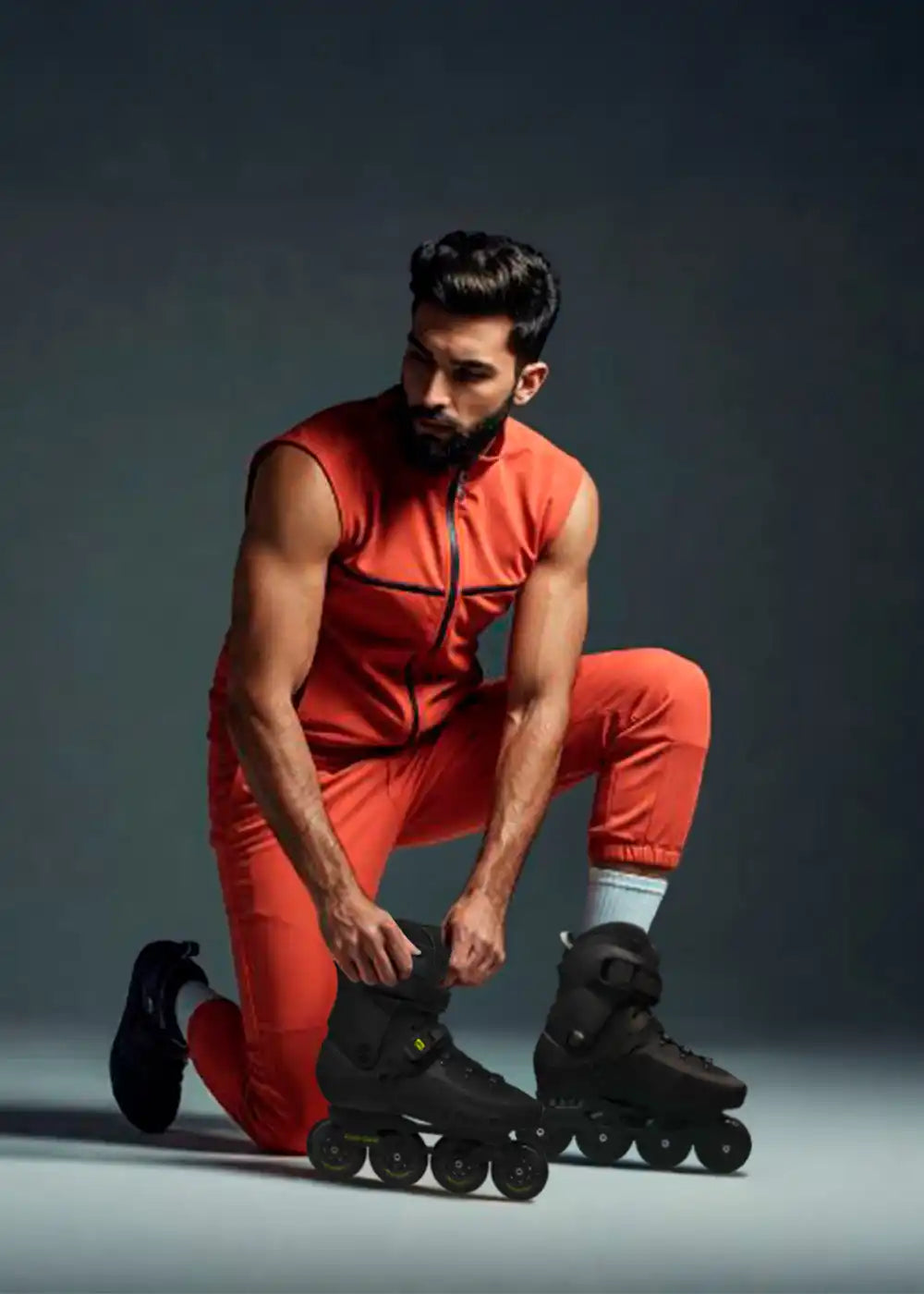 Hombre de rodillas con patines en línea.