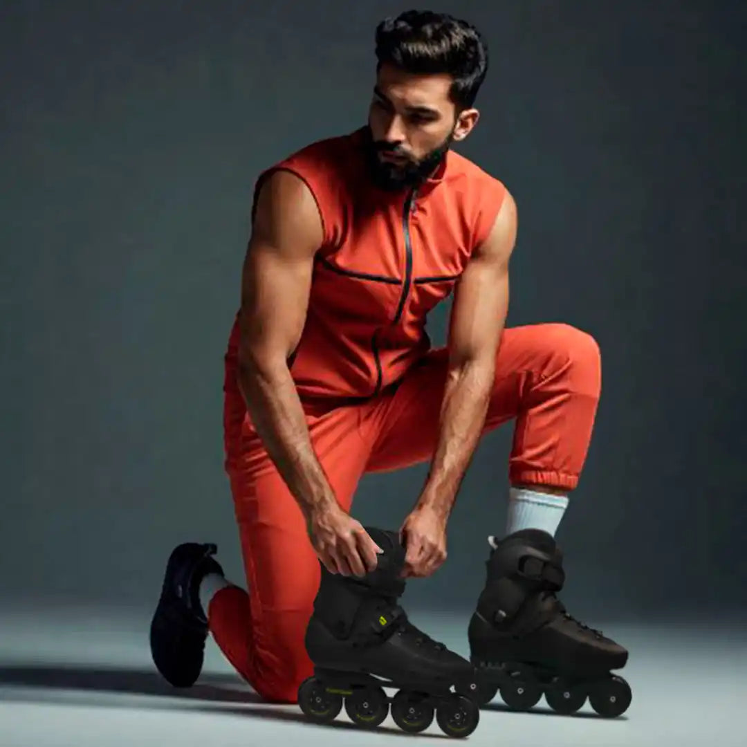 Hombre en traje naranja con patines en línea negros.