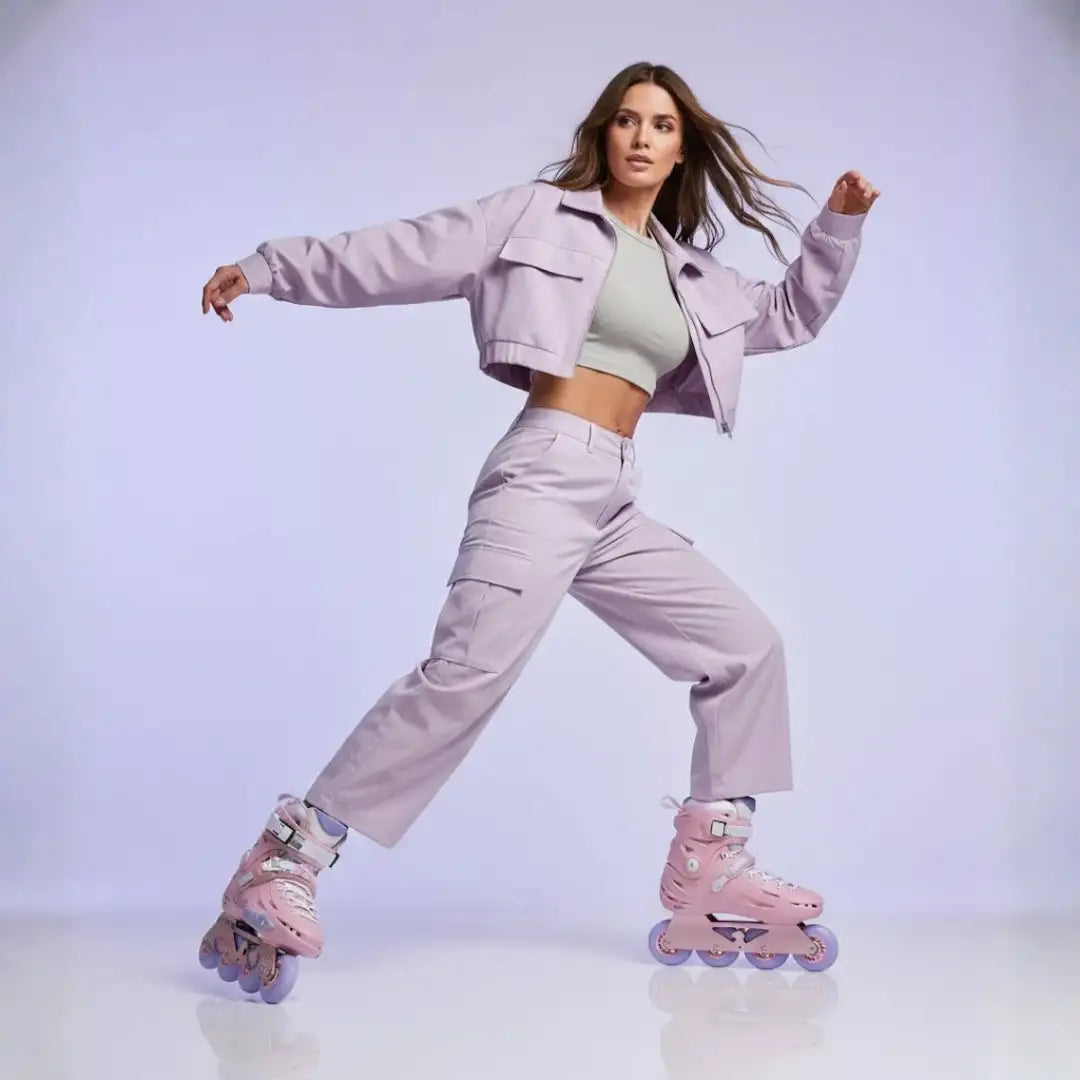 Patines en línea rosados con ruedas moradas y acentos blancos