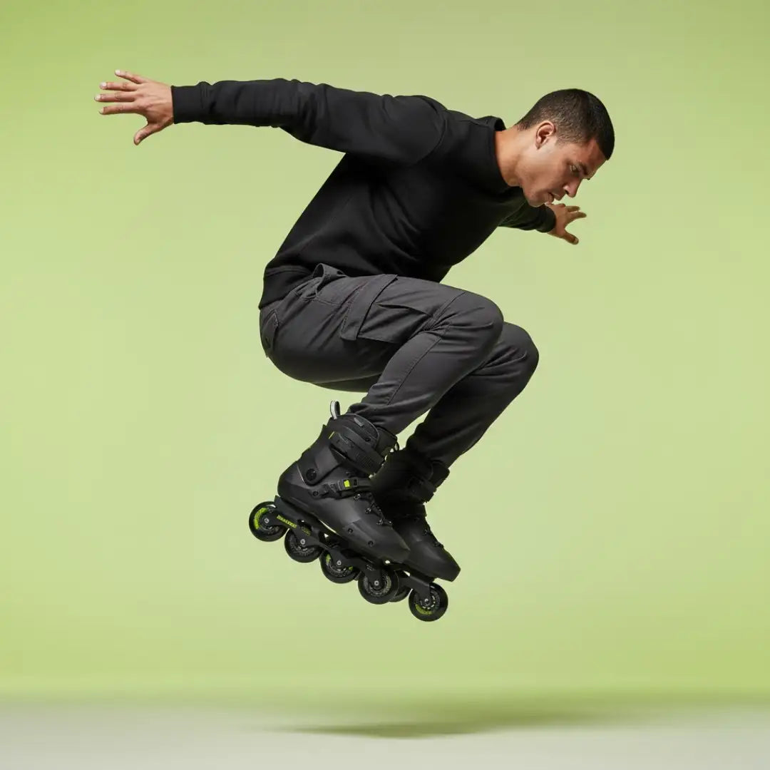 Patines en línea negros con acentos verdes en las ruedas